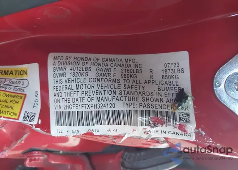 2023 Honda Civic Ex /Ex W/O Bsi из США, поврежденный, VIN 2HGFE1F7XPH324120